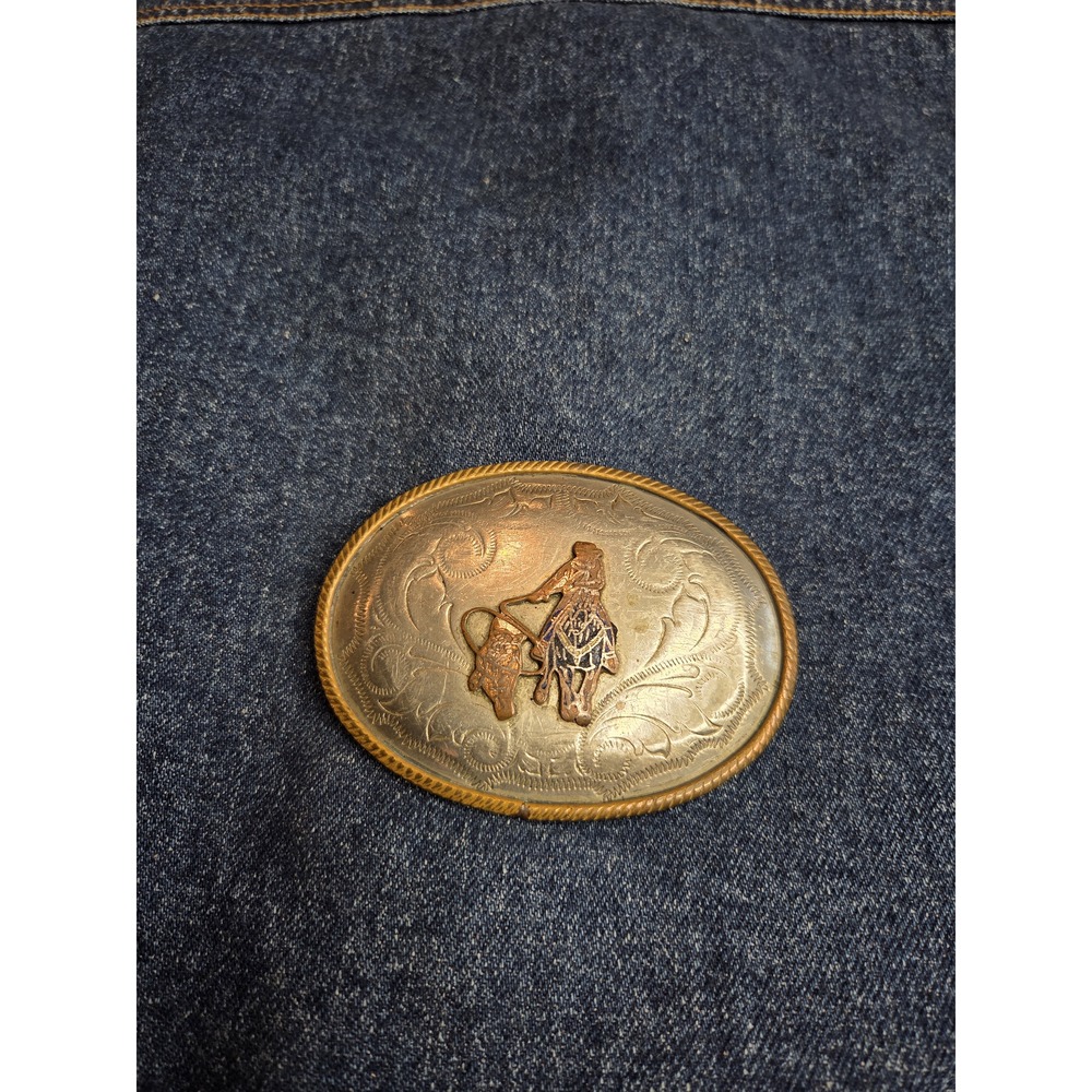 Vintage German Silver Cattle Cowboy Enamel Belt Buckle Western Rodeo